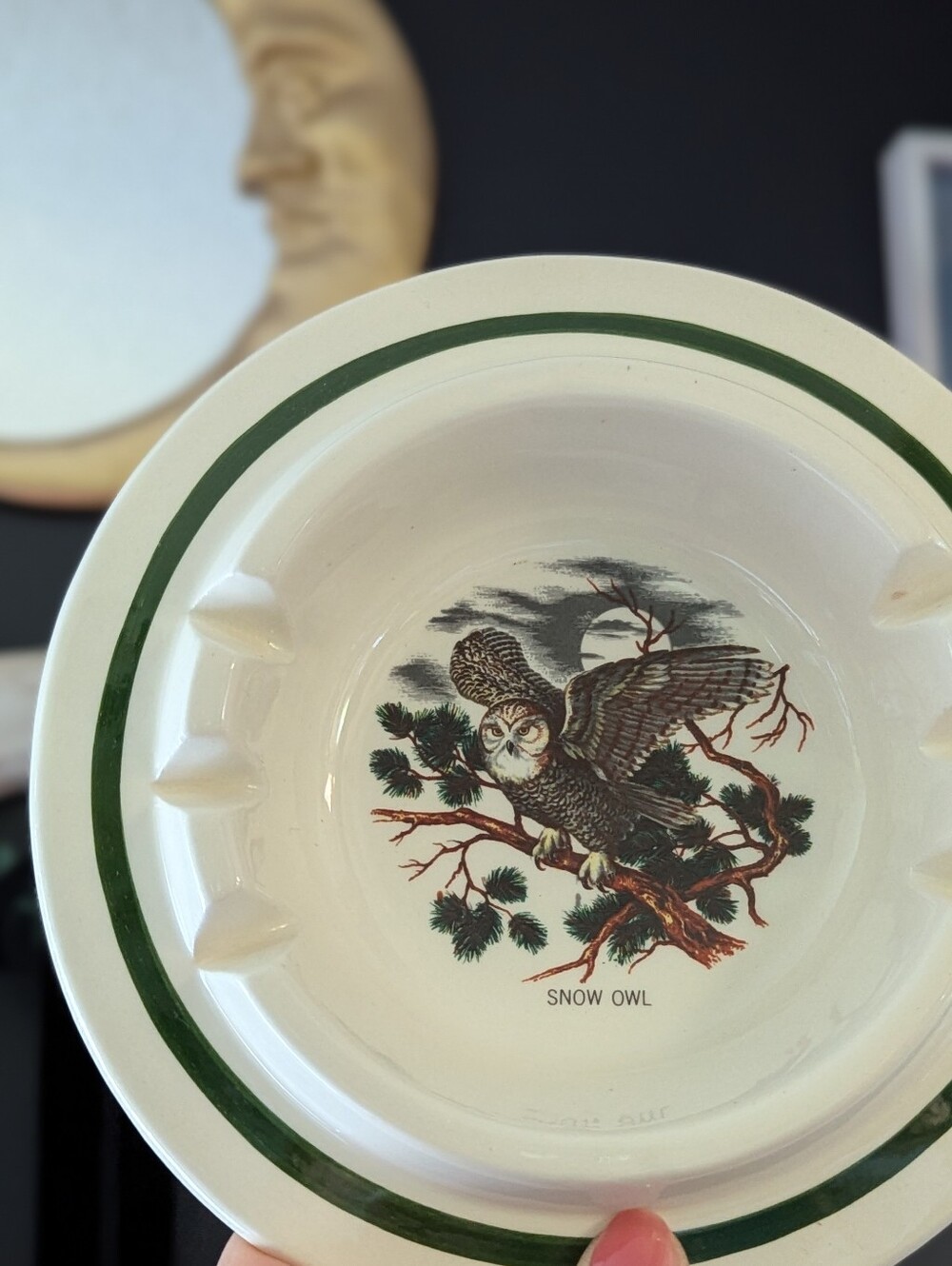 🦉🚬 VTG Footed Snow Owl Ceramic Ashtray with Green Rim Cottagecore Bar Ware